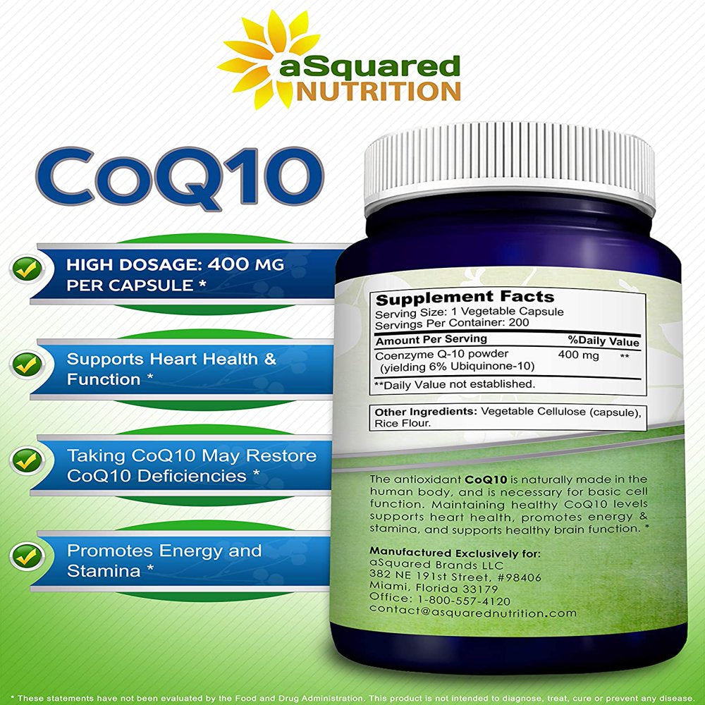 Coq10 (400Mg Max Strength, 200 Capsules) - High Absorption Vegan Coenzyme Q10 Powder - Ubiquinone Supplement Pills, Extra Antioxidant CO Q-10 Enzyme Vitamin Tablets, Coq 10 for Healthy Blood Pressure