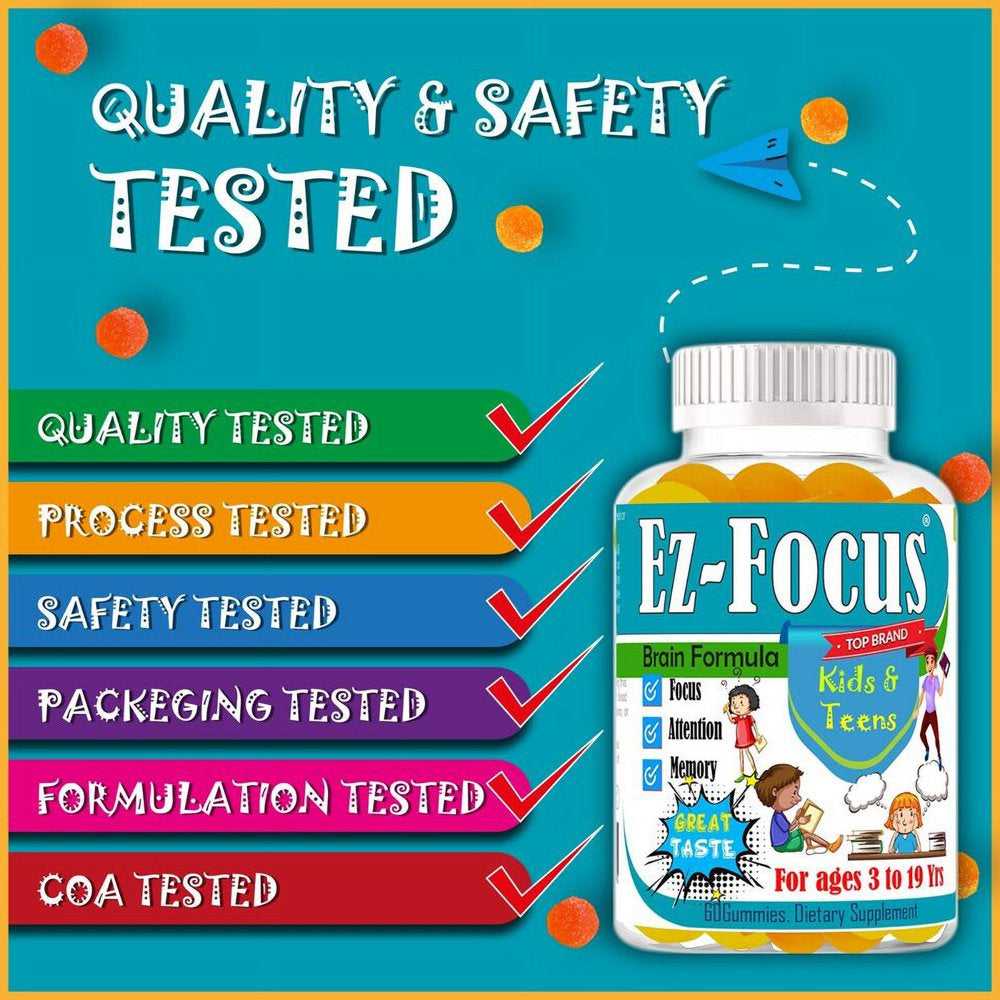 EZ Focus Brain Booster Supplement for Kids & Teens, Support Memory- 60 Gummies