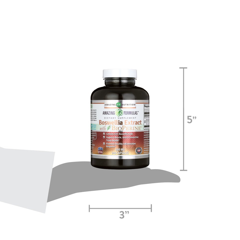 Amazing Formulas Boswellia Extract with Bioperine- 600Mg (Standardized to 65% Boswellic Acids), Capsules - Contains 65% Boswellic Acids, Supports Muscle, Joint & Connective Tissue Health (240 Count)