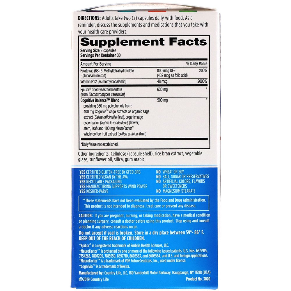 Country Life Gut Connection, Cognitive Balance, 60 Vegan Capsules