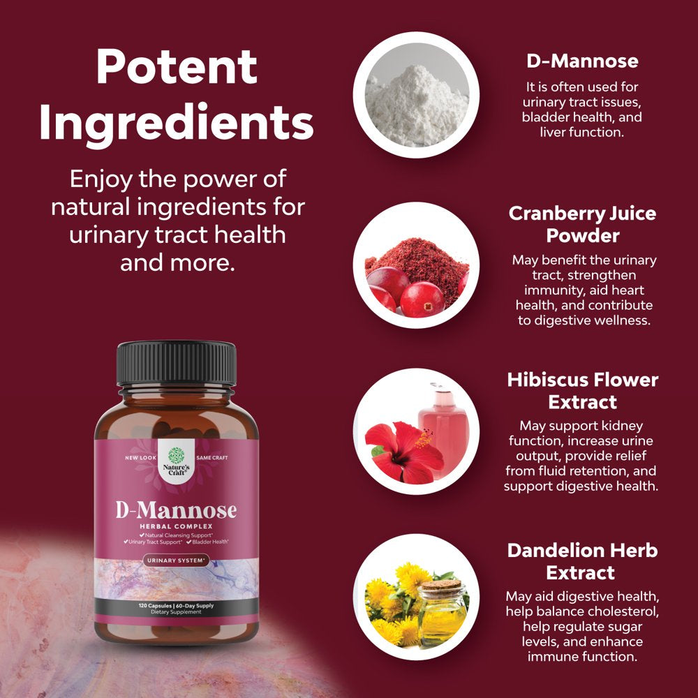 D Mannose with Cranberry Extract Capsules - D Mannose Capsules for Kidney Cleanse Liver Support and Urinary Tract Health for Women - D-Mannose 1000Mg per Serving Capsules with Hibiscus and Dandelion