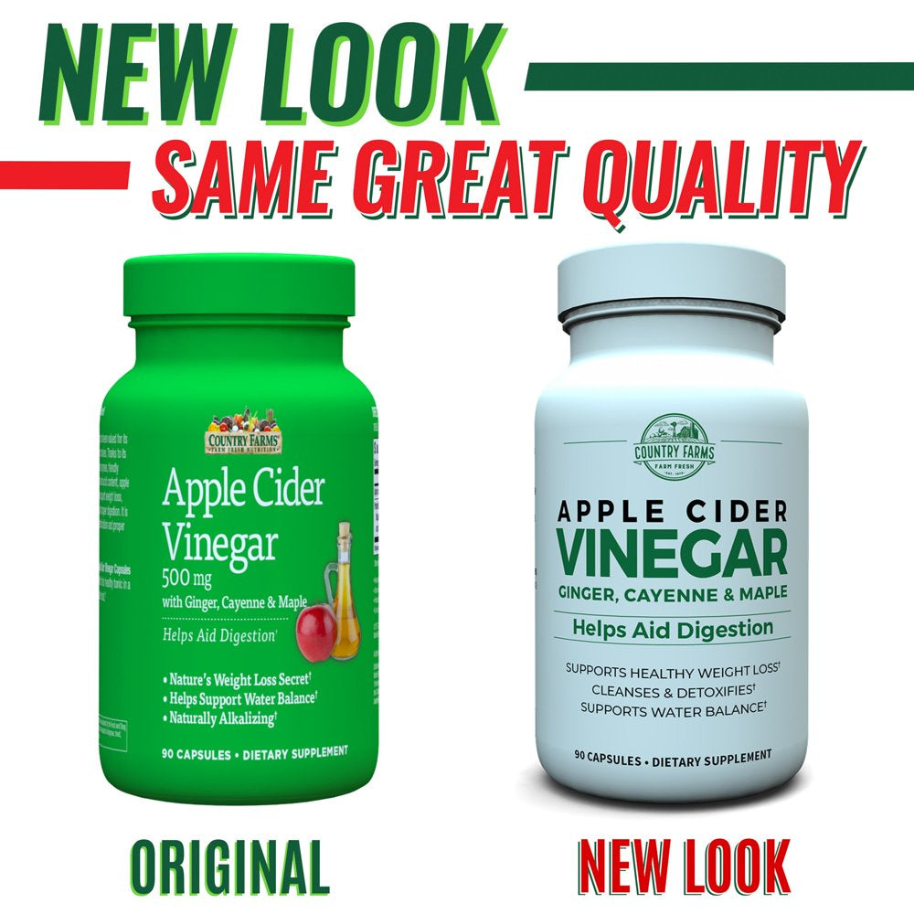 Apple Cider Vinegar Country Farms Capsules, 500 Mg, Helps Aid Digestion 90 Servings