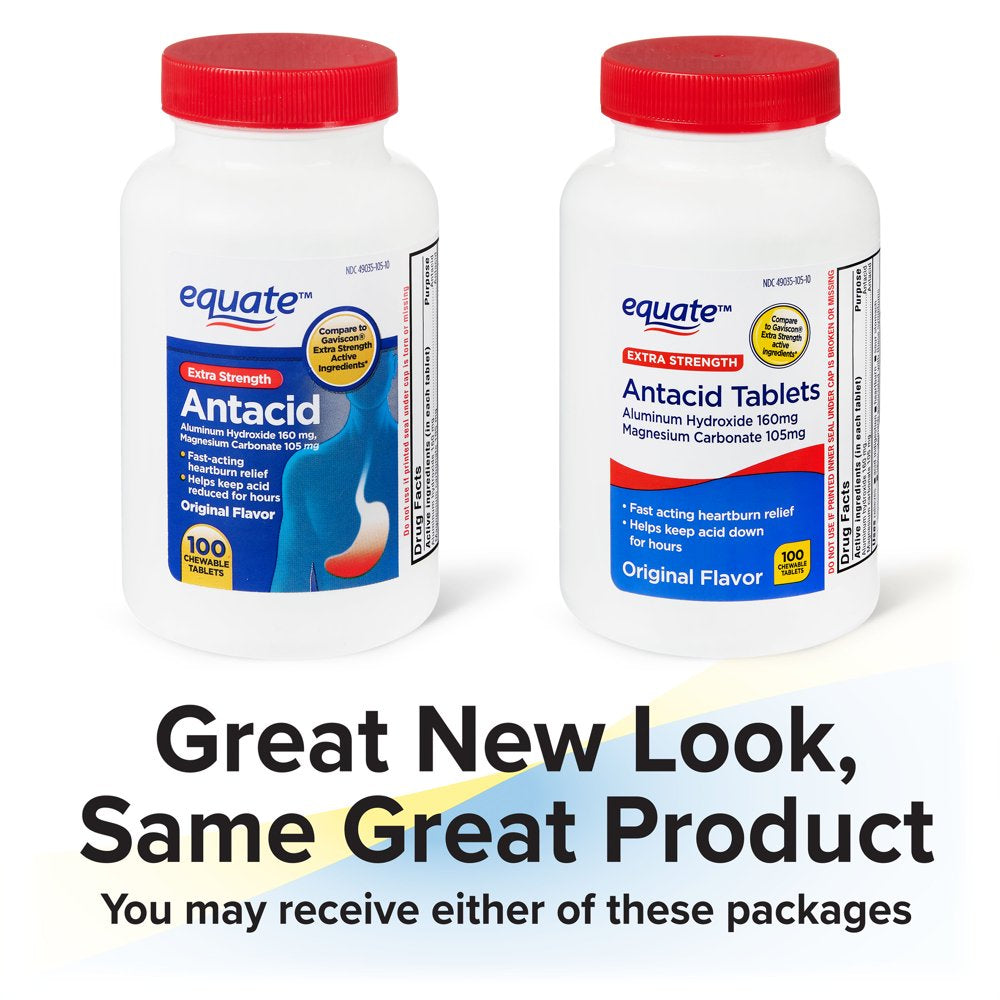 Equate Extra Strength Antacid, Upset Stomach, Chewable Tablets, over the Counter, 160 Mg, 100 Count