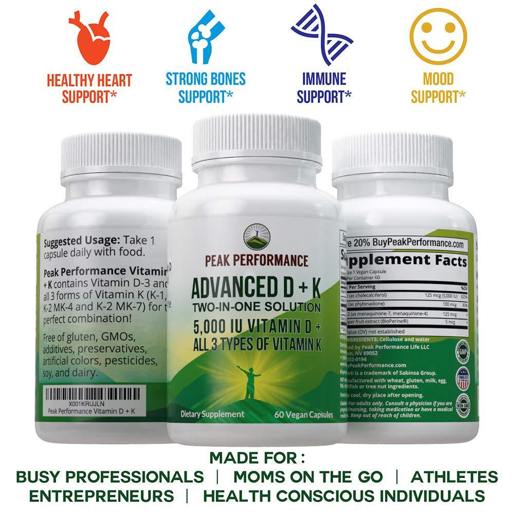 Advanced Vitamin D 5000 IU with All 3 Types of Vitamin K by Peak Performance. Vitamin D3 and Vitamin K2, K1, MK-7 (MK7), MK4 Supplement. 60 Small and Easy to Swallow Vegetable Pills (5000