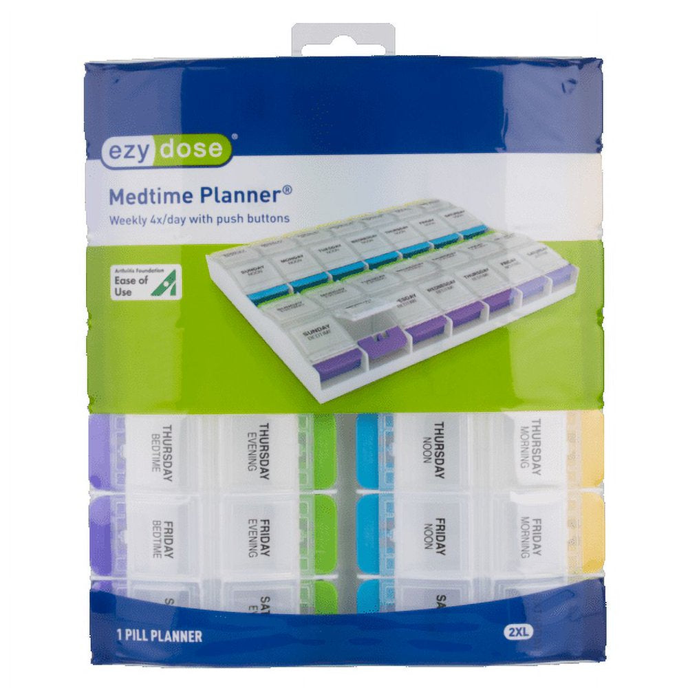 Ezy Dose Weekly (7-Day) Pill Organizer, 4 Times a Day Pill Planner, Push Button Compartments (2XL)