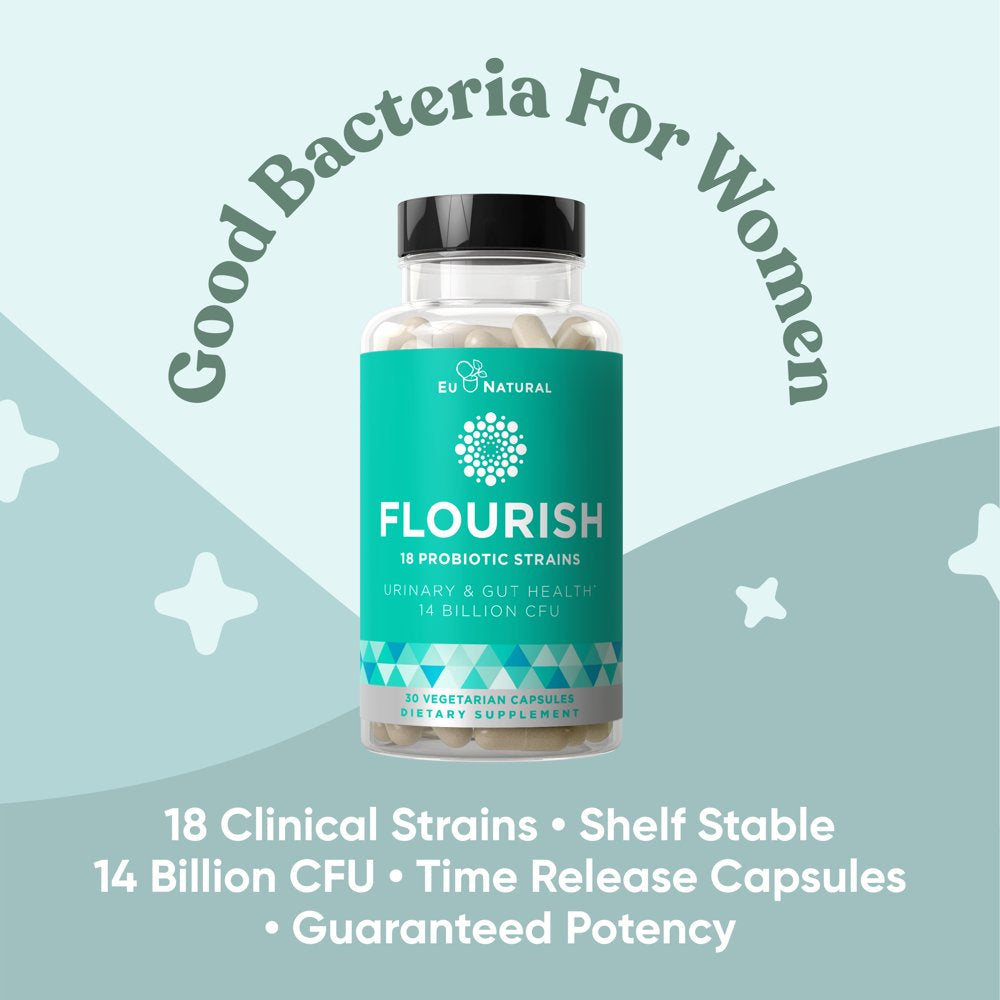 Flourish Probiotics + Prebiotics for Women – Gut and Digestion, Urinary Tract, Reduce Bloating, Vaginal Health – 18 Clinically Proven Strains, 14 Billion CFU – 30 Shelf-Stable Mini Vegan Capsules