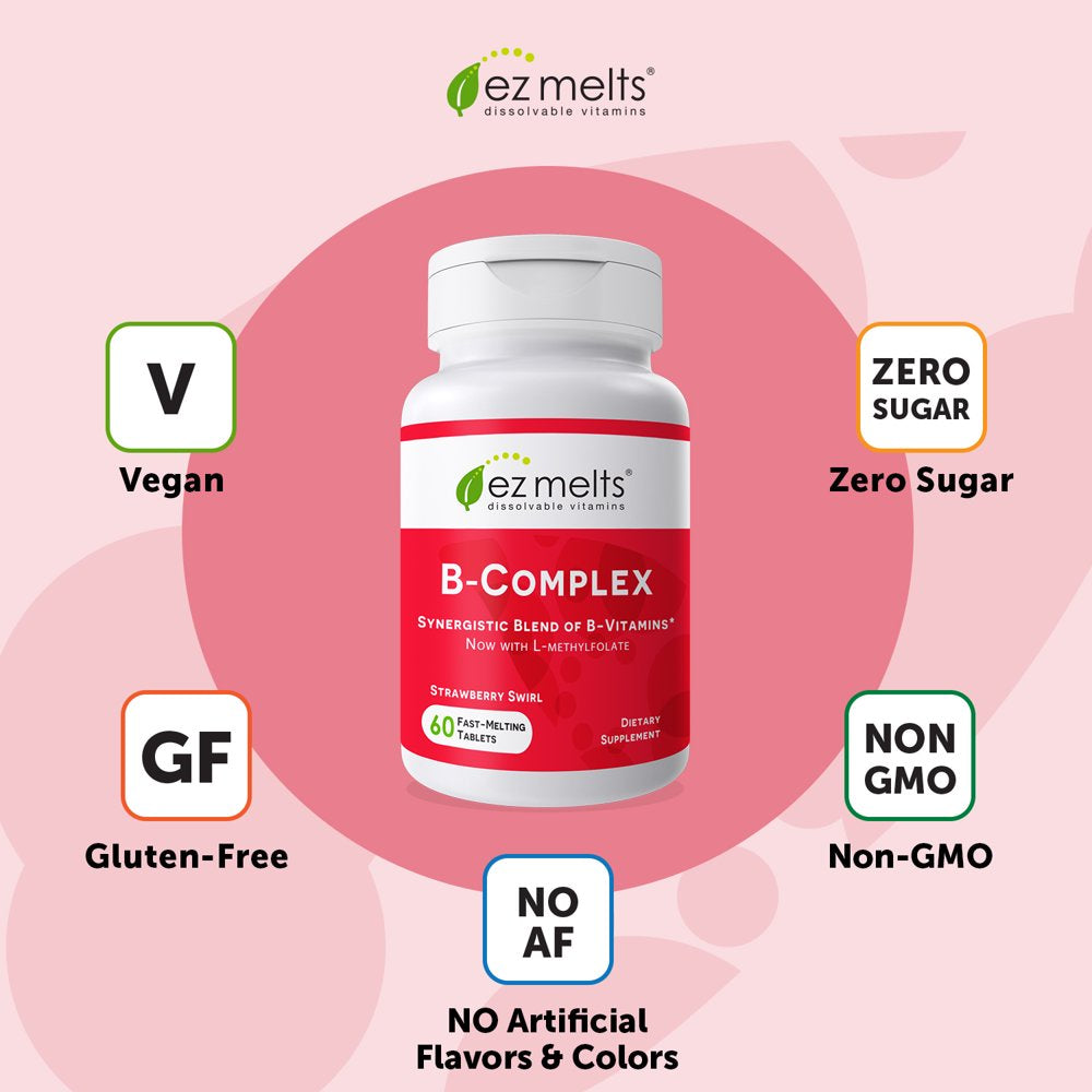 EZ Melts Sublingual Vitamin B Complex with Methylfolate for Stress and Mood Support, 9 Vital Vitamin B, 60 Tablets, Strawberry Flavored, Vegan Dietary Supplements, Dissolvable and Fast Melting