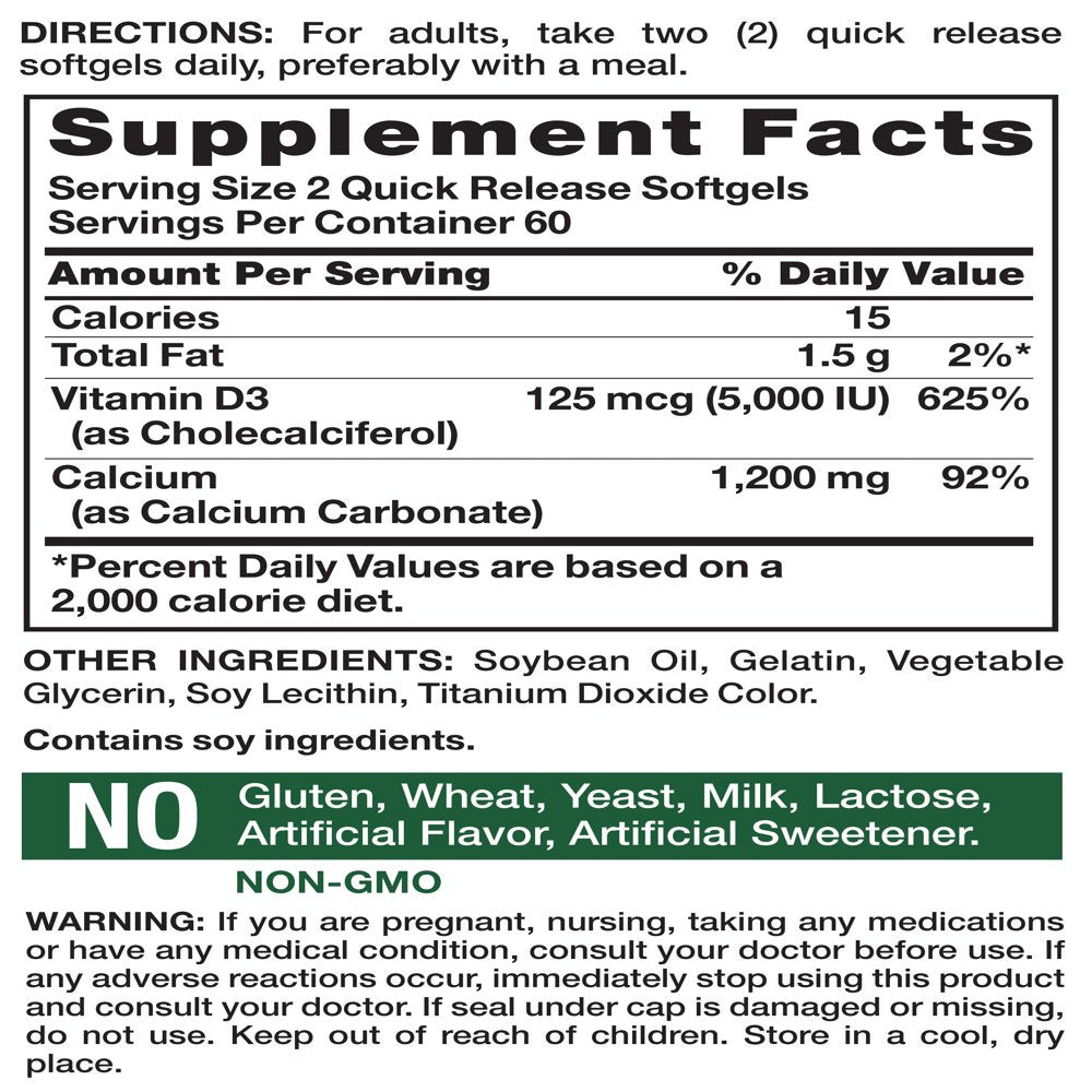 Absorbable Calcium 1200 Mg with Vitamin D3 5000 IU | 120 Softgels | Calcium Carbonate Supplement | Nature'S Truth