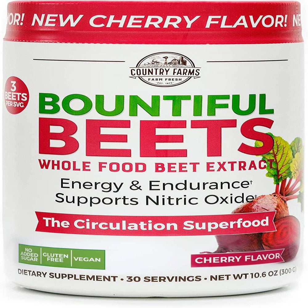 Country Farms Bountiful Beets, Delicious Cherry Flavor, the Circulation Superfood, Activates Essential Nitric Oxide, Natural Beet Extract, Boosts Energy and Endurance, 10.6 Oz, 30 Servings