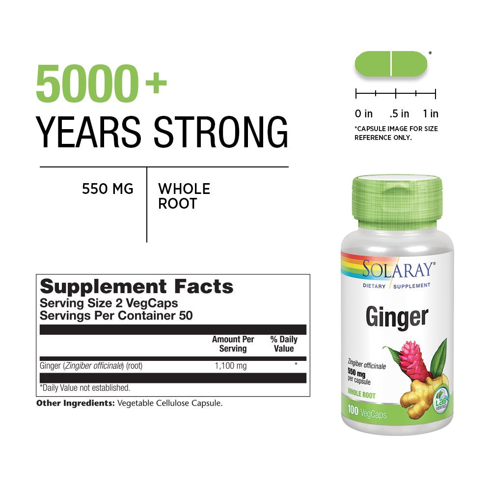Solaray Ginger Root 1100Mg | Healthy Digestion, Joints and Motion & Stomach Discomfort Support | Whole Root | Non-Gmo & Vegan | 100 Vegcaps