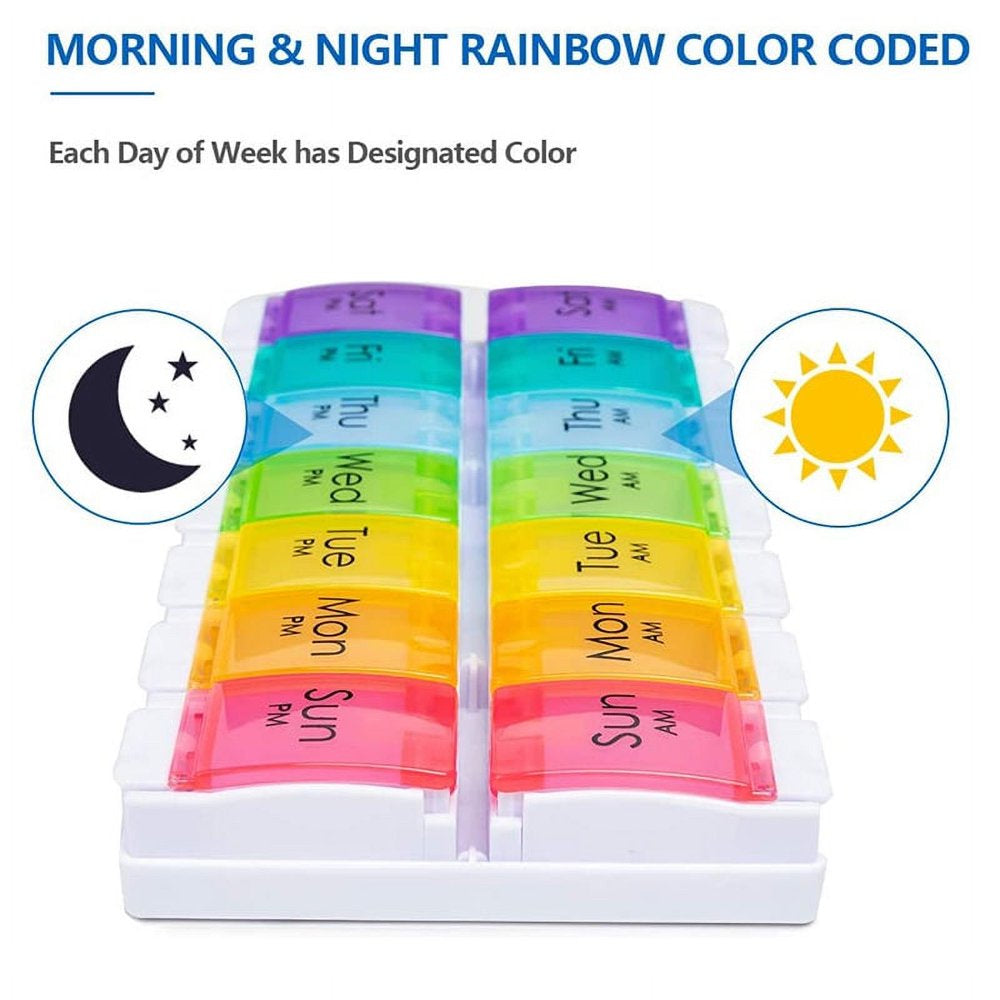 AM/PM Weekly 7 Day Pill Organizer Large Daily Pill Cases Box with Easy Push Button Design for Pills Vitamin Fish Oil Supplements Organizers,Colorful