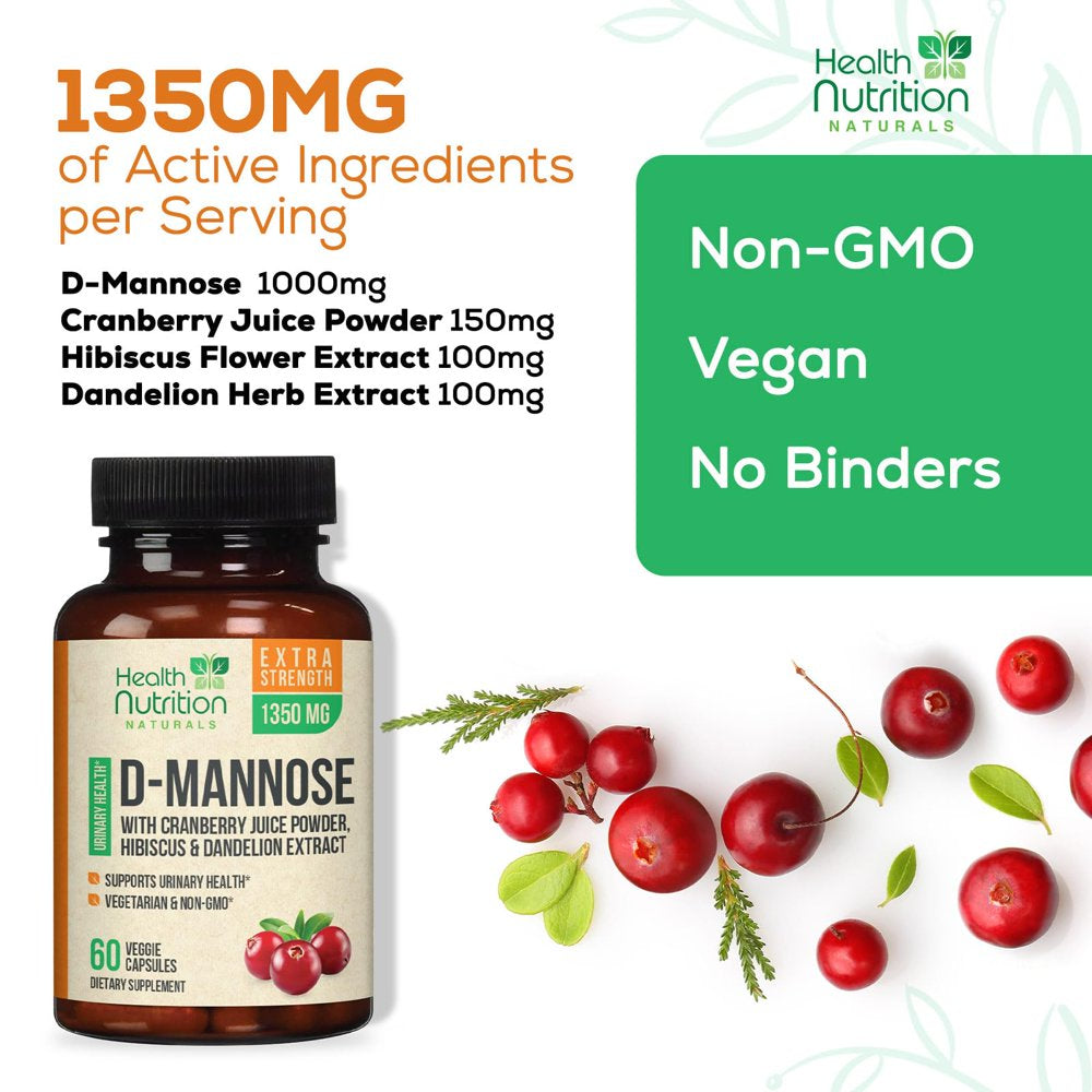 D-Mannose with Cranberry Extract 1350 Mg Complex - Fast-Acting Urinary Tract Health Support, Natural Non-Gmo & Vegan Capsules, Flush Impurities, Extra Strength Dmannose for Women & Men - 60 Capsules