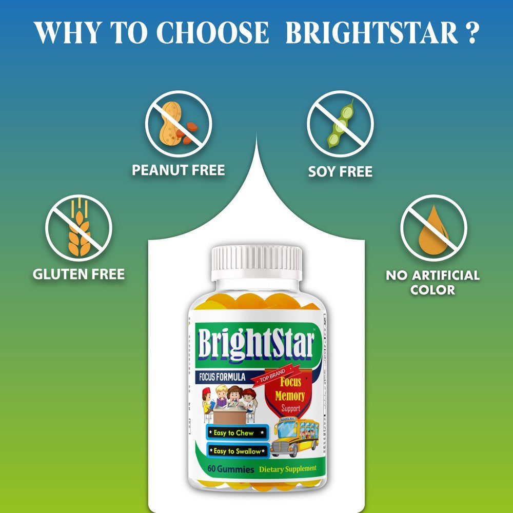 Brightstar Brain Focus Vitamins for Kids & Teens, Brain Support Gummy Vitamins, Focus Boost Gummies Kids Vitamin Gummies, Omega 3 for Kids, Brain Booster Supplement- 60Ct