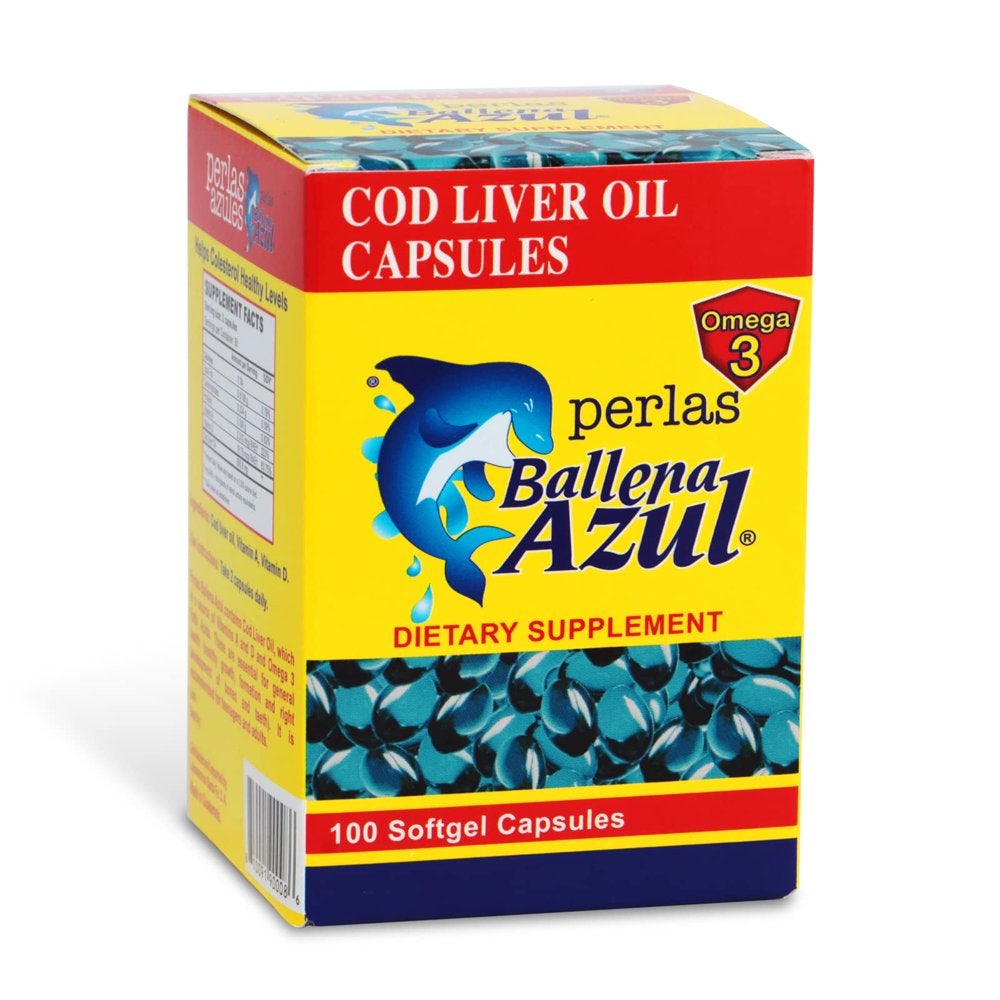 Ballena Azul Aceite De Hígado De Bacalao Para Adultos Y Niños, COD Liver Oil for Adults and Children, Good Source of Vitamins A,D,E, B1, Dietary Supplement, Omega 3, Inmune System Boost, (Capsules)
