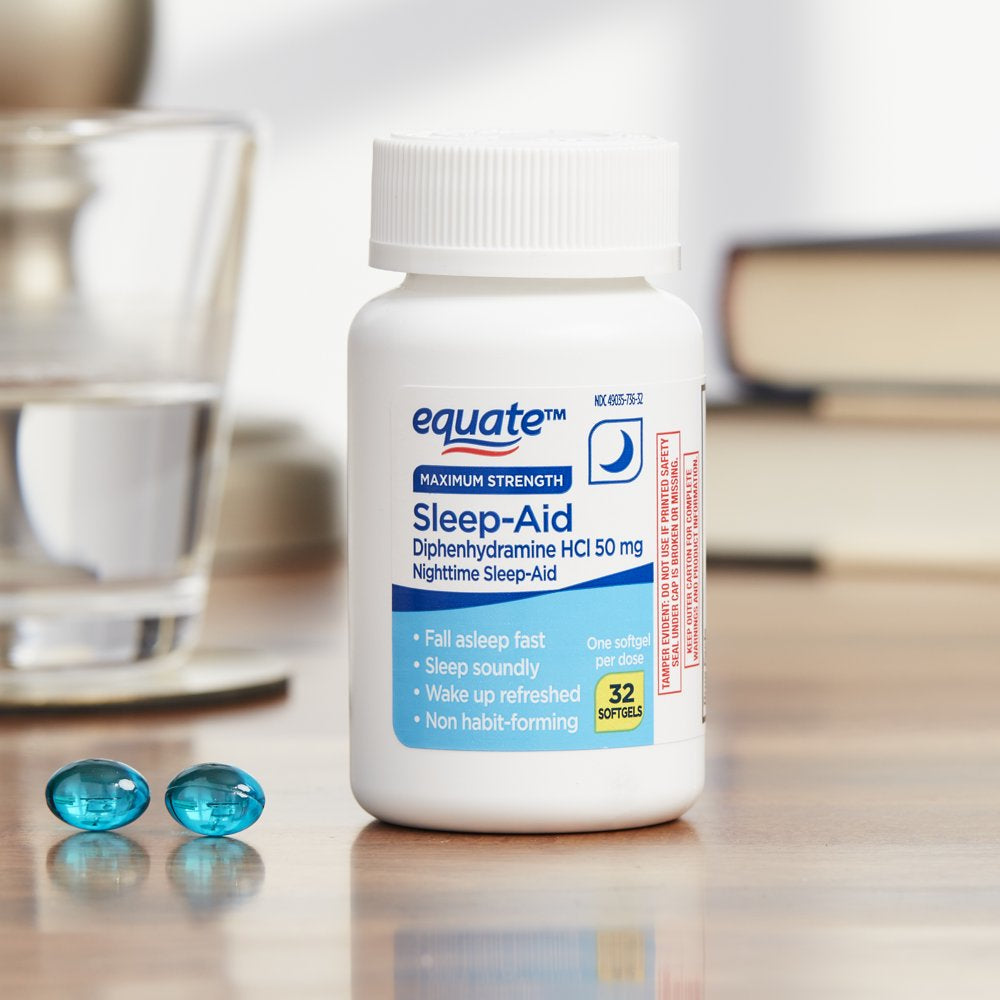 Equate Maximum Strength Diphenhydramine Hcl Sleep-Aid Softgels, 50 Mg, 32 Count