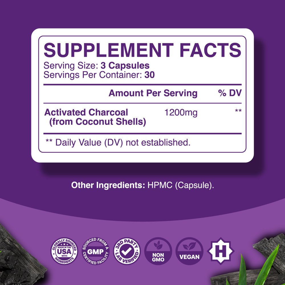 Extra Strength Activated Charcoal Pills - 1200Mg Vegan Activated Charcoal Capsules for Digestive Health & Occasional Upset Stomach Relief for Adults - Coconut Charcoal Supplement for Detox - 1 Month