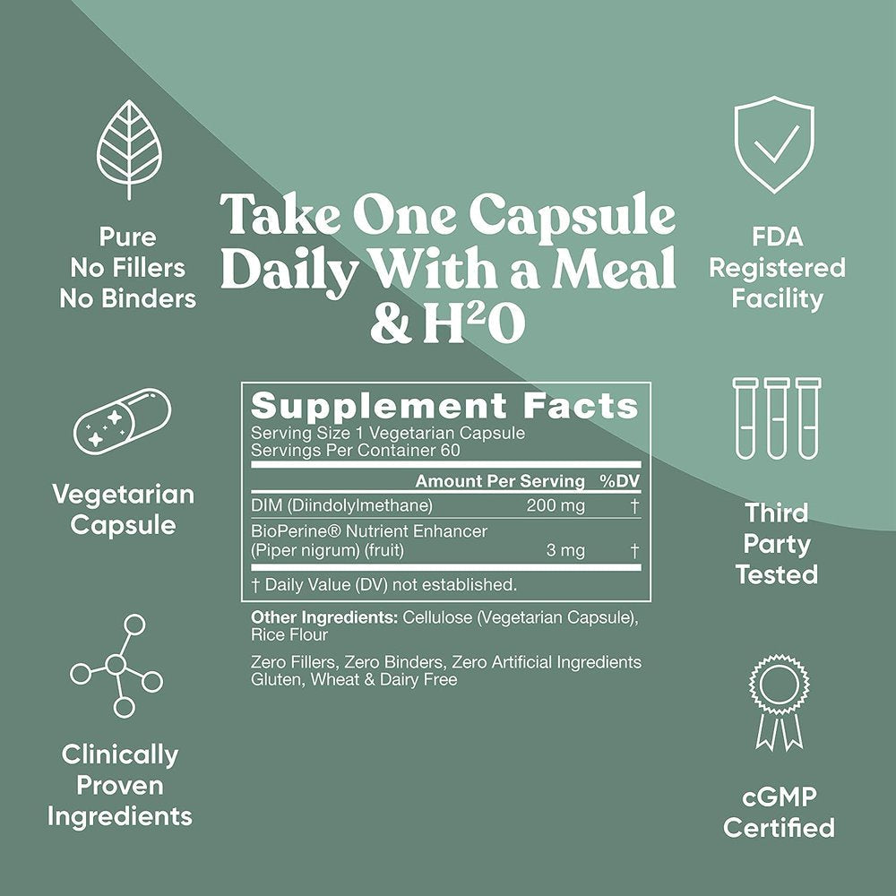 DIM Supplement Pure 200 Mg – Energy Fatigue and Stress Relief, Estrogen Balance, Menopause & Hot Flashes, Hormonal Support for Women – Enhanced Bioavailability Bioperine – 60 Vegan Soft Capsules