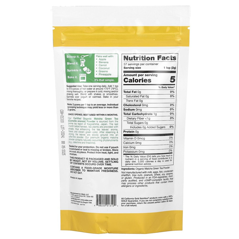 California Gold Nutrition SUPERFOOD - Organic Matcha Green Tea Powder, 4 Oz
