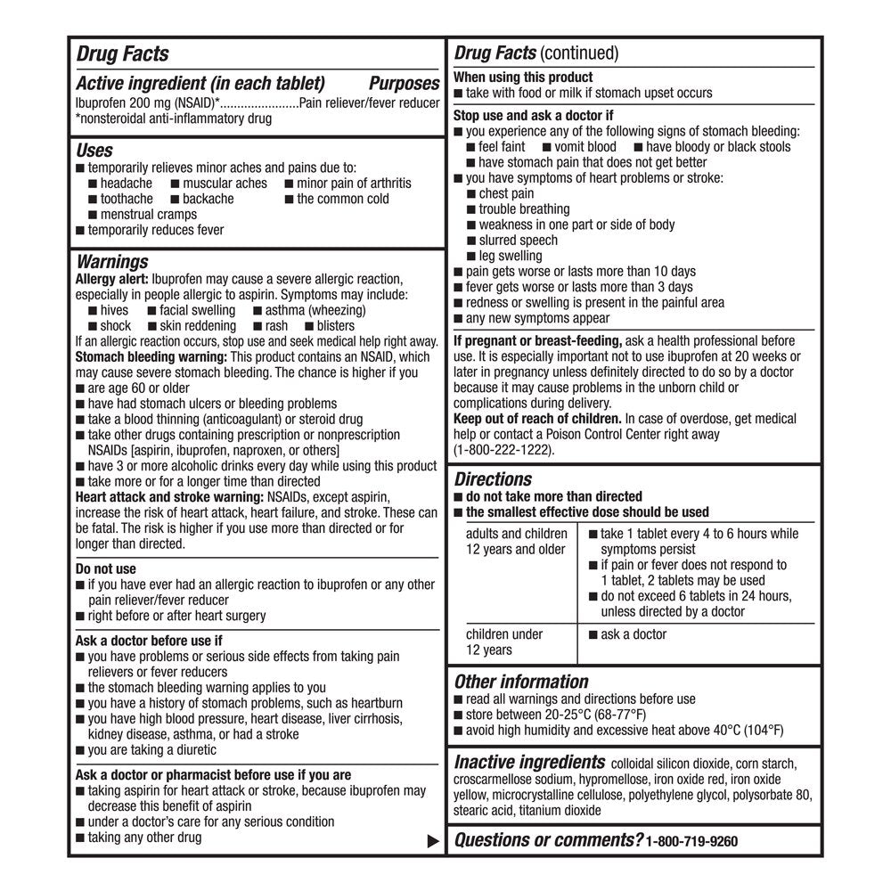 Equate Ibuprofen Tablets 200 Mg, Pain Reliever/Fever Reducer, 250 Count, 2 Pack