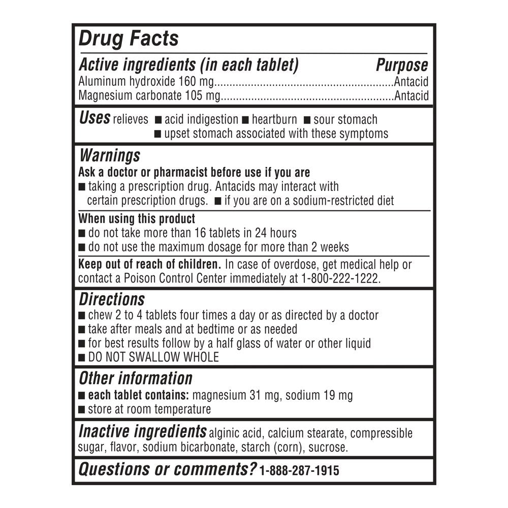 Equate Extra Strength Antacid, Upset Stomach, Chewable Tablets, over the Counter, 160 Mg, 100 Count