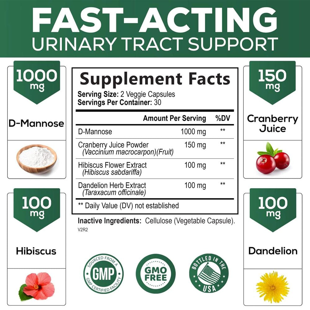 D-Mannose with Cranberry Extract 1350 Mg Complex - Fast-Acting Urinary Tract Health Support, Natural Non-Gmo & Vegan Capsules, Flush Impurities, Extra Strength Dmannose for Women & Men - 60 Capsules