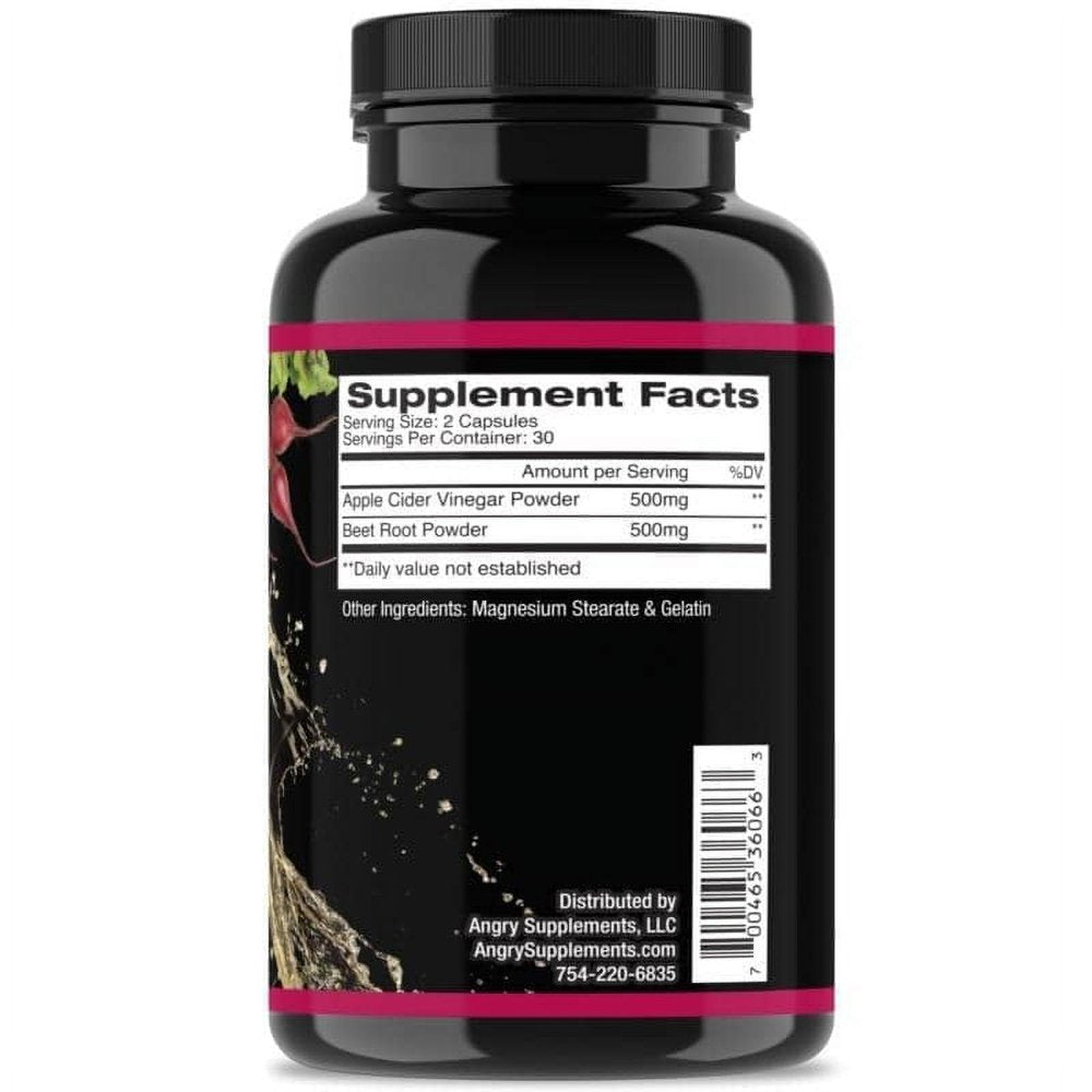 Angry Supplements Apple Cider Vinegar + Beet Root Capsules, Detox Pills, Nitric Oxide + Energy Booster (1-Bottle)