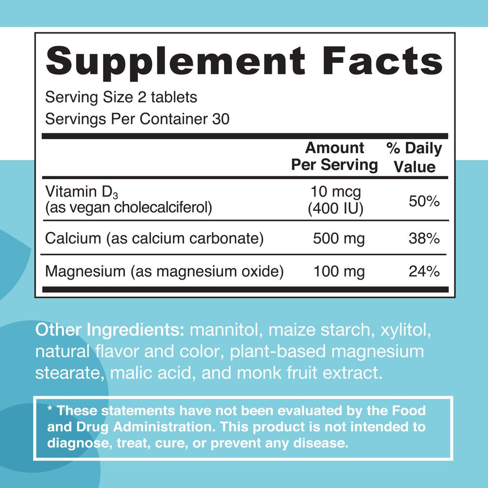 EZ Melts Calcium and Magnesium with Vitamin D3 Supports Bone and Muscle Strength, 500 Mg 60 Tablets, Strawberry Flavored, Vegan Dietary Supplements, Dissolvable and Fast Melting