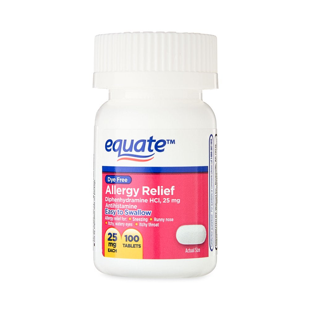 Equate Dye-Free Allergy Relief Medicine, 25 Mg, 100Ct Tablets