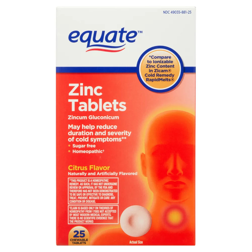 Equate Zinc Chewable Tablets, Citrus Flavor, 25 Count