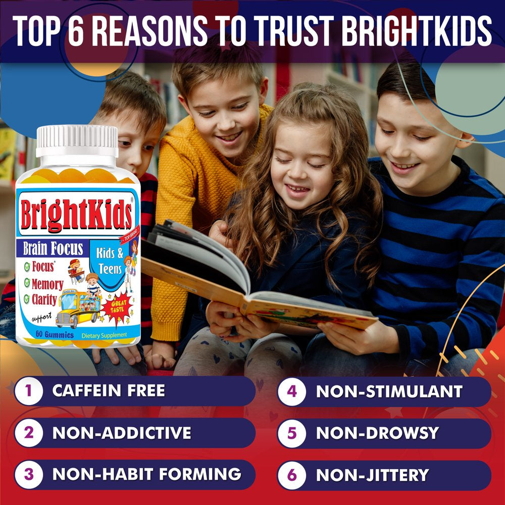 Brightkids Brain Focus Supplement for Kids, Focus for Kids, Brain Focus Gummies for Children, Memory Supplements Lemon & Orange Flavored 60 Gummies