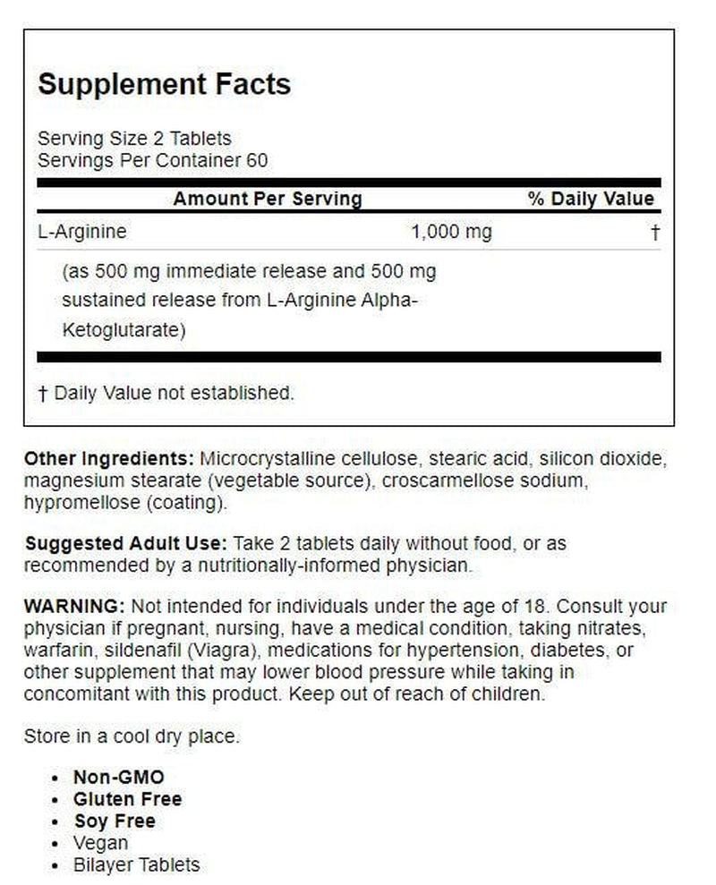 Doctor'S Best Sustained plus Immediate Release L-Arginine, Non-Gmo, Vegan, Gluten Free, Soy Free, 500 Mg, 120 Bilayer Tablets