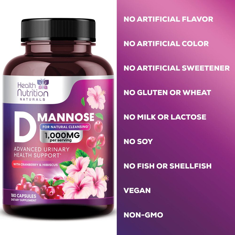 D-Mannose with Cranberry Extract 1350 Mg Complex - Fast-Acting Urinary Tract Health Support, Natural Non-Gmo & Vegan Capsules, Flush Impurities, Extra Strength Dmannose for Women & Men - 180 Capsules