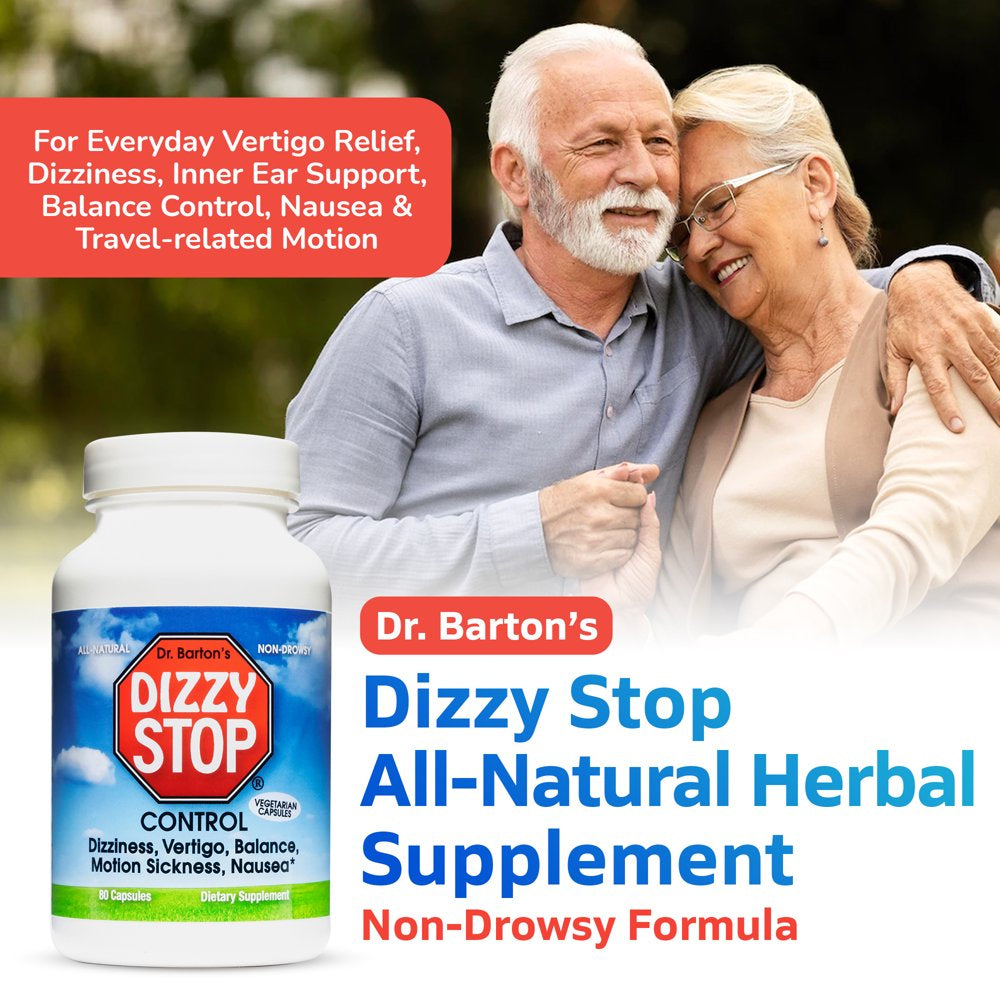Dr. Barton’S Dizzy Stop - All-Natural Vertigo Relief, Inner Ear Balance, anti Nausea Supplement, Non Drowsy Motion Sickness Pills for Nausea Relief, Seasickness Relief, & Dizziness Relief, 80 Capsules