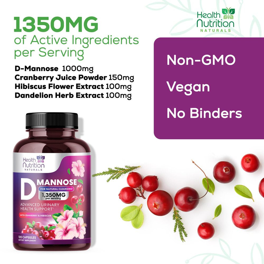 D-Mannose with Cranberry Extract 1350 Mg Complex - Fast-Acting Urinary Tract Health Support, Natural Non-Gmo & Vegan Capsules, Flush Impurities, Extra Strength Dmannose for Women & Men - 120 Capsules