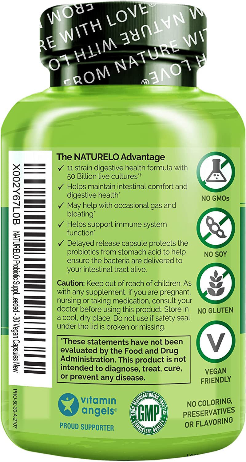 NATURELO Probiotic Supplement - 50 Billion CFU - 11 Strains - One Daily - Helps Support Digestive & Immune Health - Delayed Release - No Refrigeration Needed - 30 Vegan Capsules