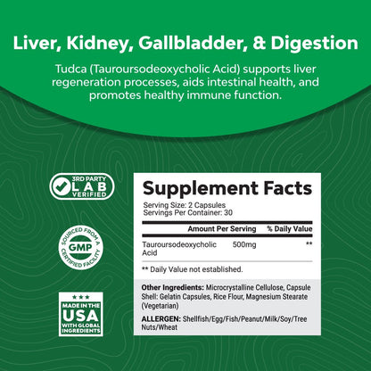 Advanced Bile Salt TUDCA Supplement - Extra Strength TUDCA 500Mg per Serving Bile Salts for Gallbladder Kidney and Liver Support - High Purity Tauro Ursodeoxycholic Acid Liver and Gallbladder Cleanse