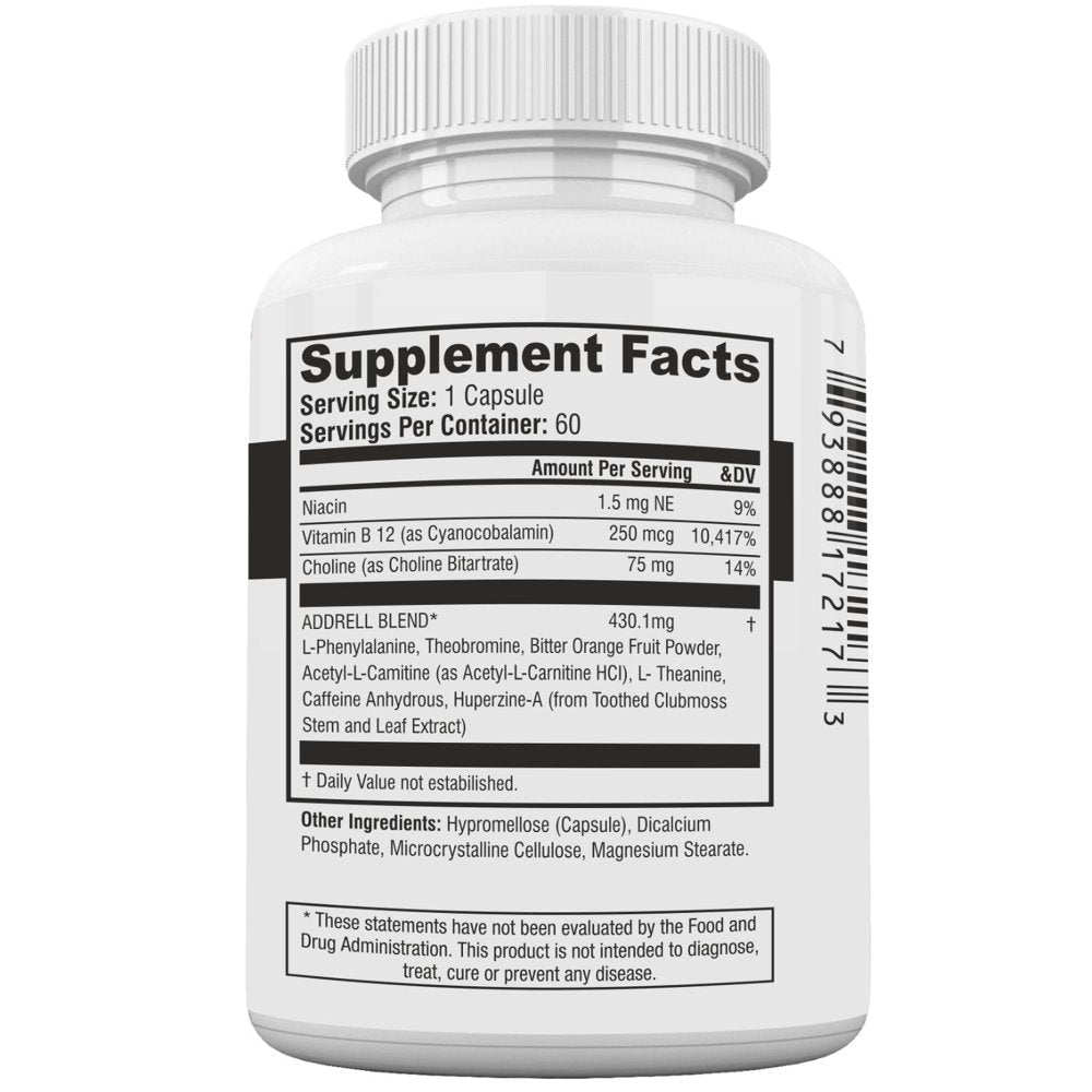 Addrell Energy Stimulant Dietary Supplement Designed for Brain Boosting- 60 Natural Pills