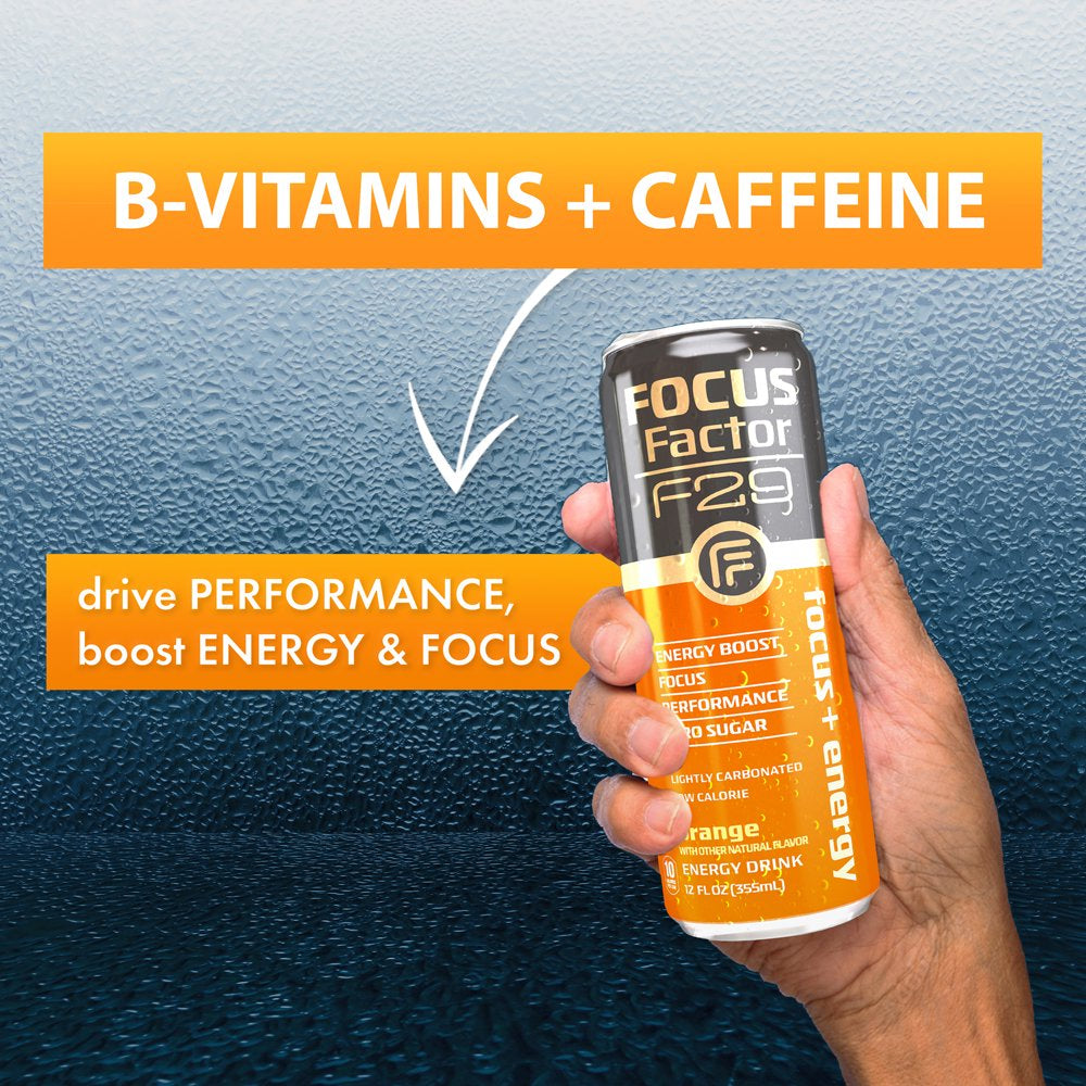 Focus Factor F29 Nootropic Focus + Energy Drink (Orange Flavor) – Sugar Free, Pack of 12 – Lightly Carbonated – 10 Calories per Serving – Nootropic Beverage