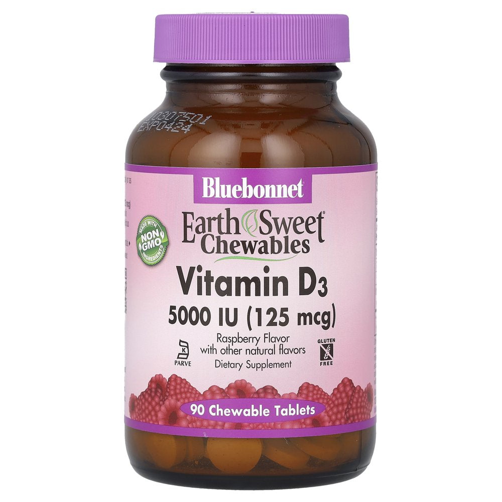 Earthsweet Chewables, Vitamin D3, 5,000 IU, 90 Raspberry Chewable Tablets, by Bluebonnet