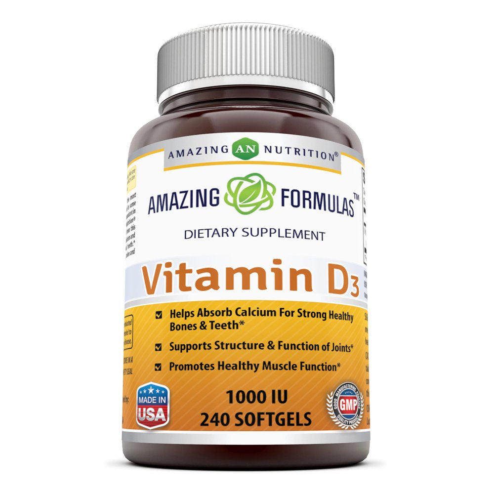 Amazing Nutrition Amazing Formulas Vitamin D3- 1,000 IU, 240 Softgels- Important Vitamin for Optimal Body Function- Supports Bone Health, Cardiovascular Health, Kidney Function and Over-All Well-Being