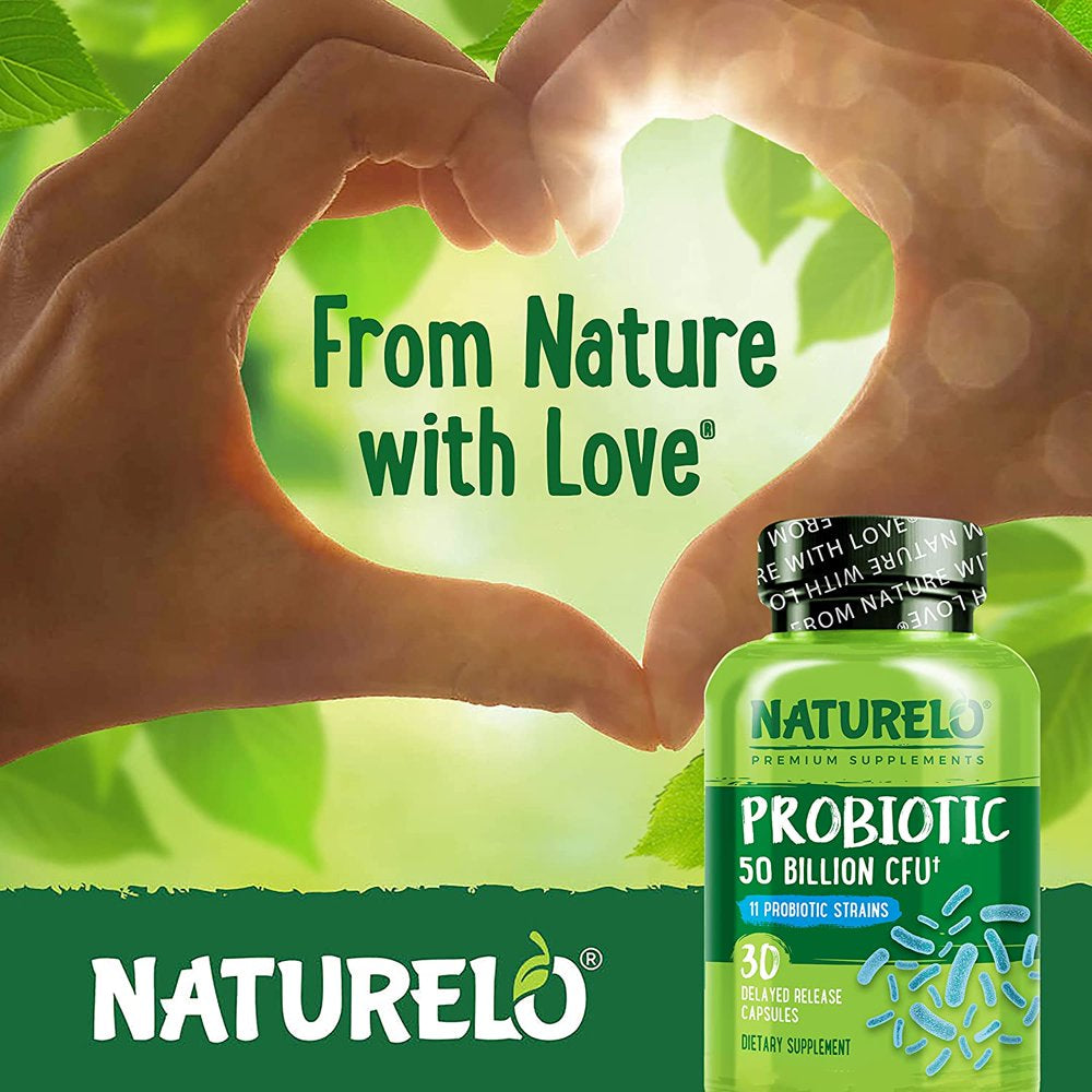 NATURELO Probiotic Supplement - 50 Billion CFU - 11 Strains - One Daily - Helps Support Digestive & Immune Health - Delayed Release - No Refrigeration Needed - 30 Vegan Capsules