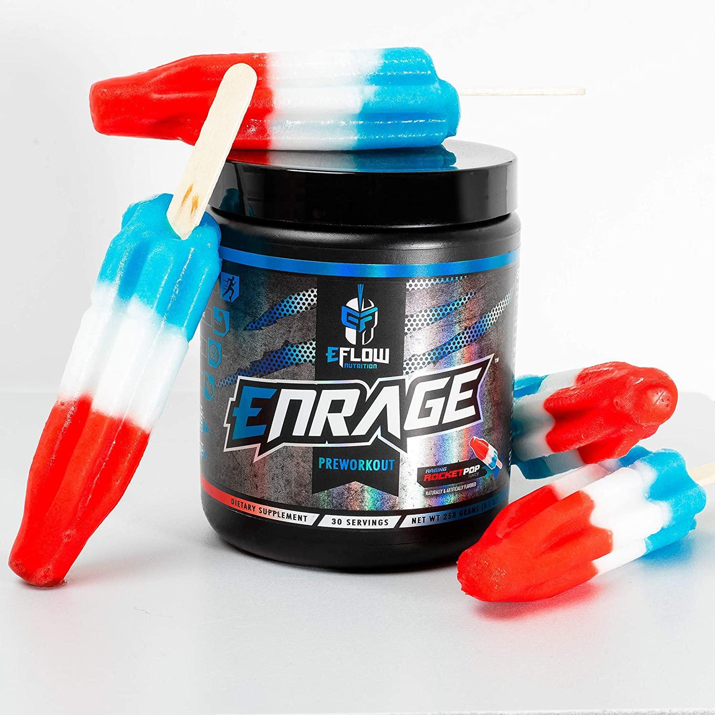 eFlow Nutrition ENRAGE Pre Workout Supplement with Creatine Beta Alanine Citrulline Agmatine Preworkout Powder to Boost Energy Pumps and Strength - 4 Flavors (Rocket Pop)