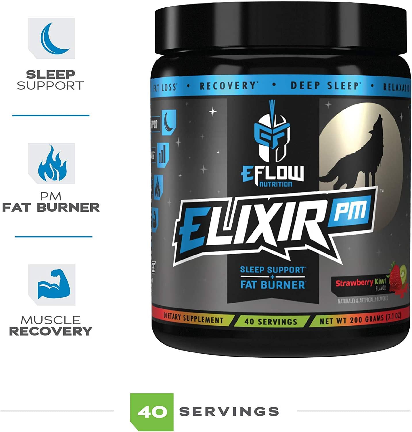 eFlow Nutrition Elixir PM - Night Time Fat Burner and Natural Sleep Support - Appetite Suppressant and Weight Loss Support - Strawberry Kiwi (40 Servings)