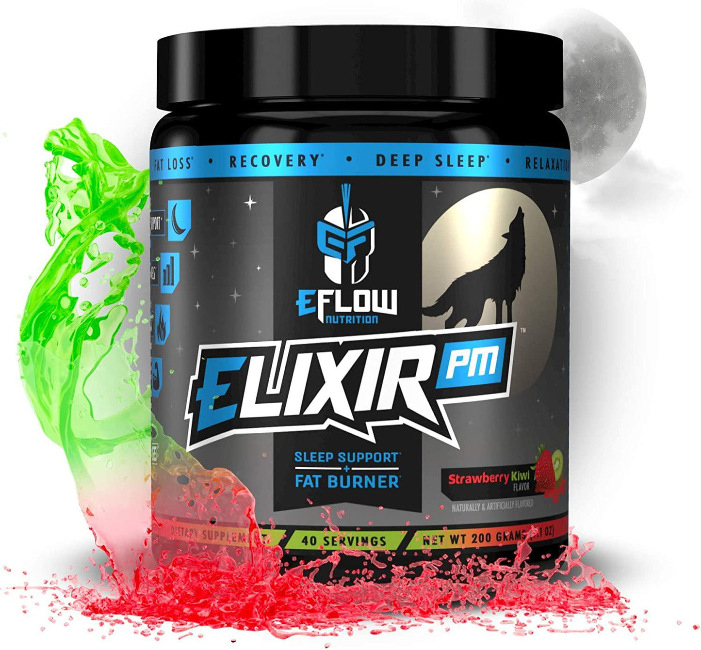 eFlow Nutrition Elixir PM - Night Time Fat Burner and Natural Sleep Support - Appetite Suppressant and Weight Loss Support - Strawberry Kiwi (40 Servings)