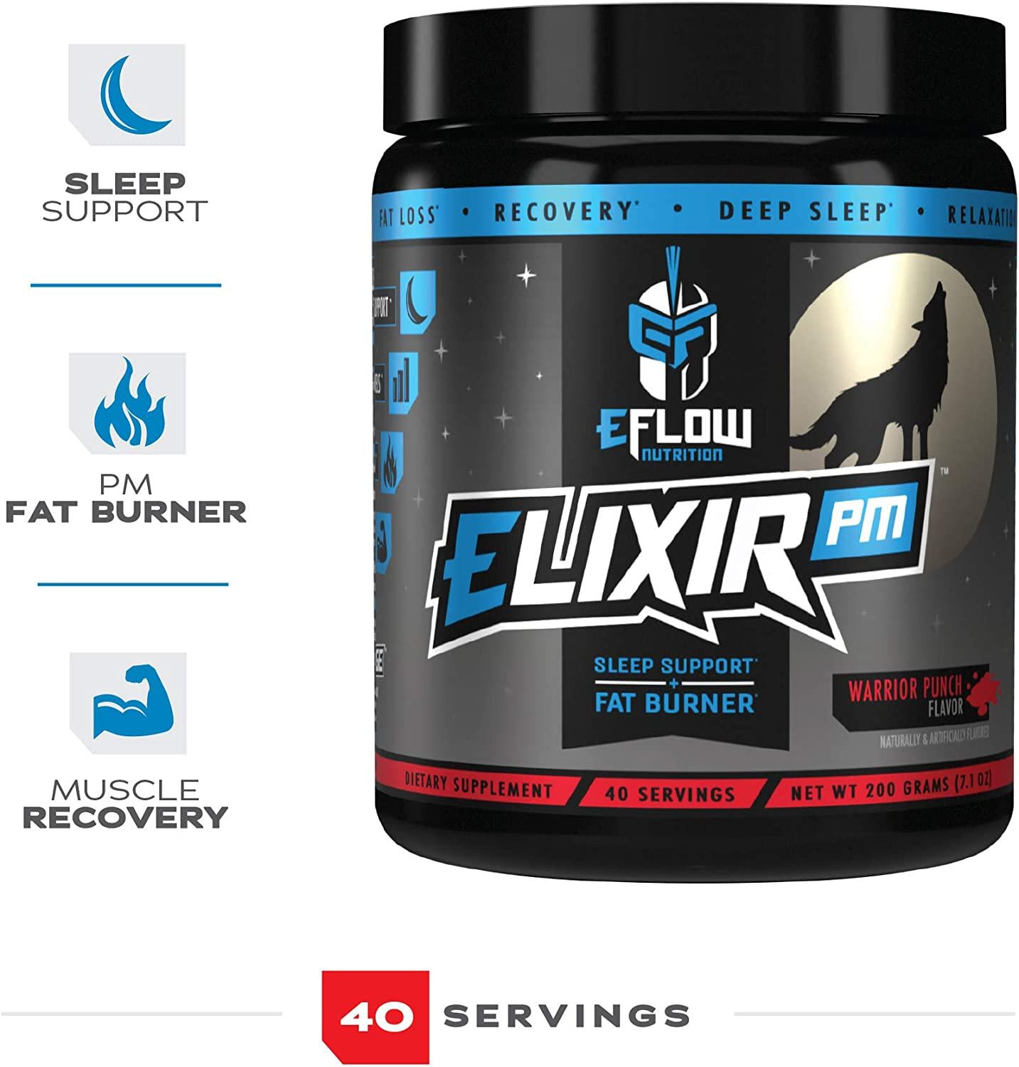 eFlow Nutrition Elixir PM - Night Time Fat Burner and Natural Sleep Support - Appetite Suppressant and Weight Loss Support - Warrior Punch (40 Servings)
