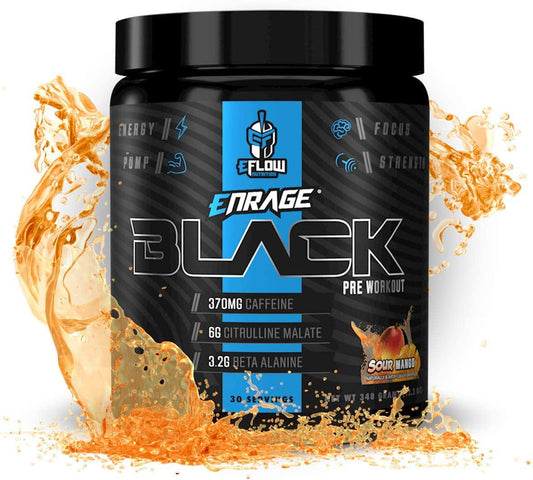 eFlow Nutrition Enrage Black High Stimulant Pre Workout Supplement - Preworkout Powder to Boost Energy, Pumps and Strength - 3 Flavors - 30 Servings (Sour Mango)