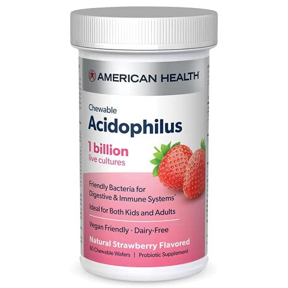 American Health Daily Tablet Acidophilus, 1 Billion Live Cultures, Beneficial Digestive Systems, Strawberry, 60 Count