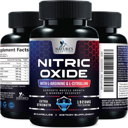 Extra Strength Nitric Oxide Supplement L Arginine 3X Strength - Citrulline Malate, AAKG, Beta Alanine - Premium Muscle Supporting Nitric Oxide Booster for Strength & Energy Supplements - 60 Capsules