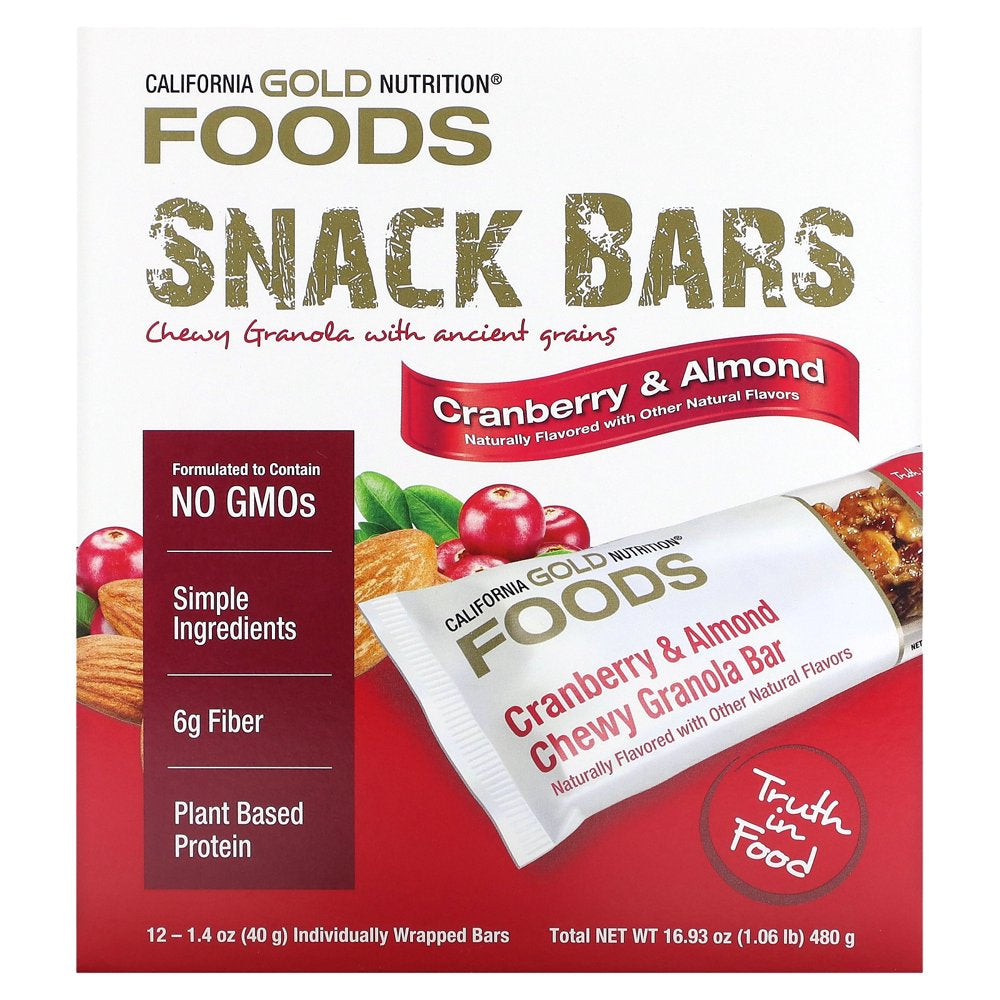 California Gold Nutrition FOODS, Cranberry & Almond Chewy Granola Bars, 12 Bars, 1.4 Oz (40 G) Each