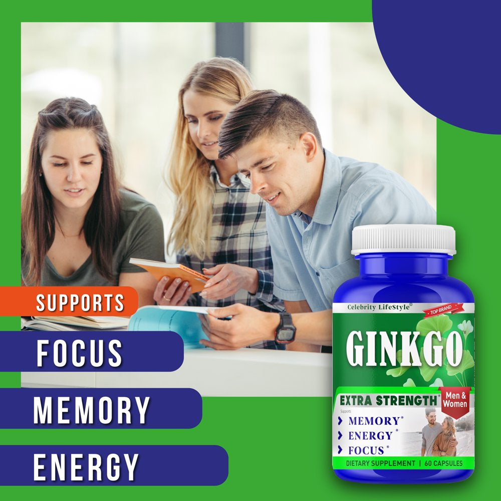 Ginkgo Biloba Brain Supplements for Memory and Focus, Nootropics Brain Support Supplement for Adults & Seniors, Ginkgo Biloba Brain Health Support, Energy Booster Focus Vitamins for Adults 60 Pills